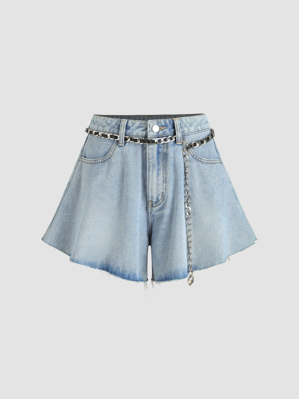 Denim-Shorts mit hoher Taille, solider Tasche, ausgestellter Hose und Taillenkette