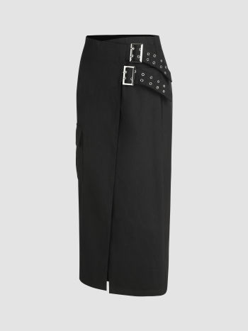 Unique Hem Elastic Waist Pocket Midi Skirt