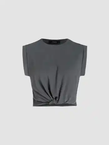 Solid Round Neckline Twist Short Sleeve Crop Top