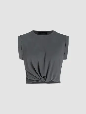 Einfarbiger Crop Top mit gedrehtem Kurzarm und Rundhalsausschnitt