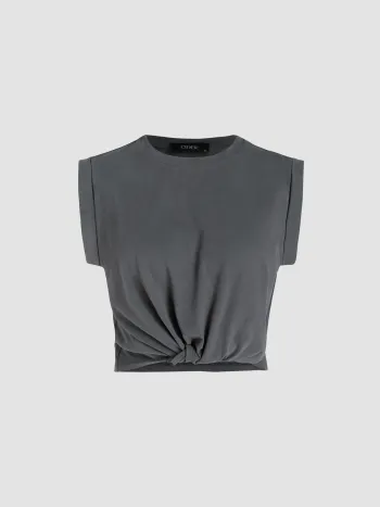 Einfarbiger Crop Top mit gedrehtem Kurzarm und Rundhalsausschnitt