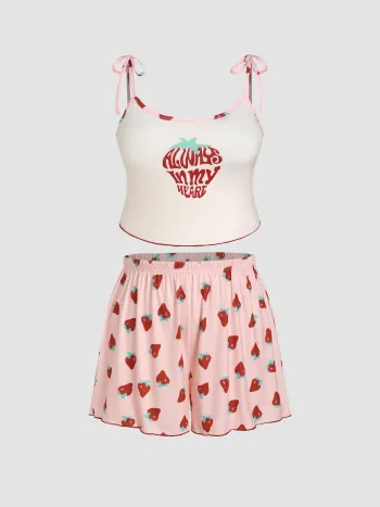 U-neckline Strawberry Graphic Cami Top & High Waist Shorts Lounge Set Curve & Plus