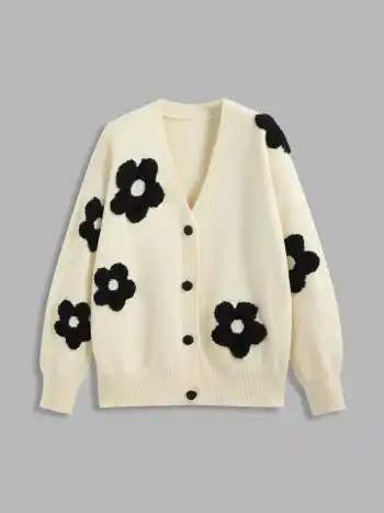 V-Ausschnitt Grafik Blumen Knopf Strickjacke