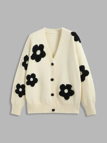 V-Ausschnitt Grafik Blumen Knopf Strickjacke