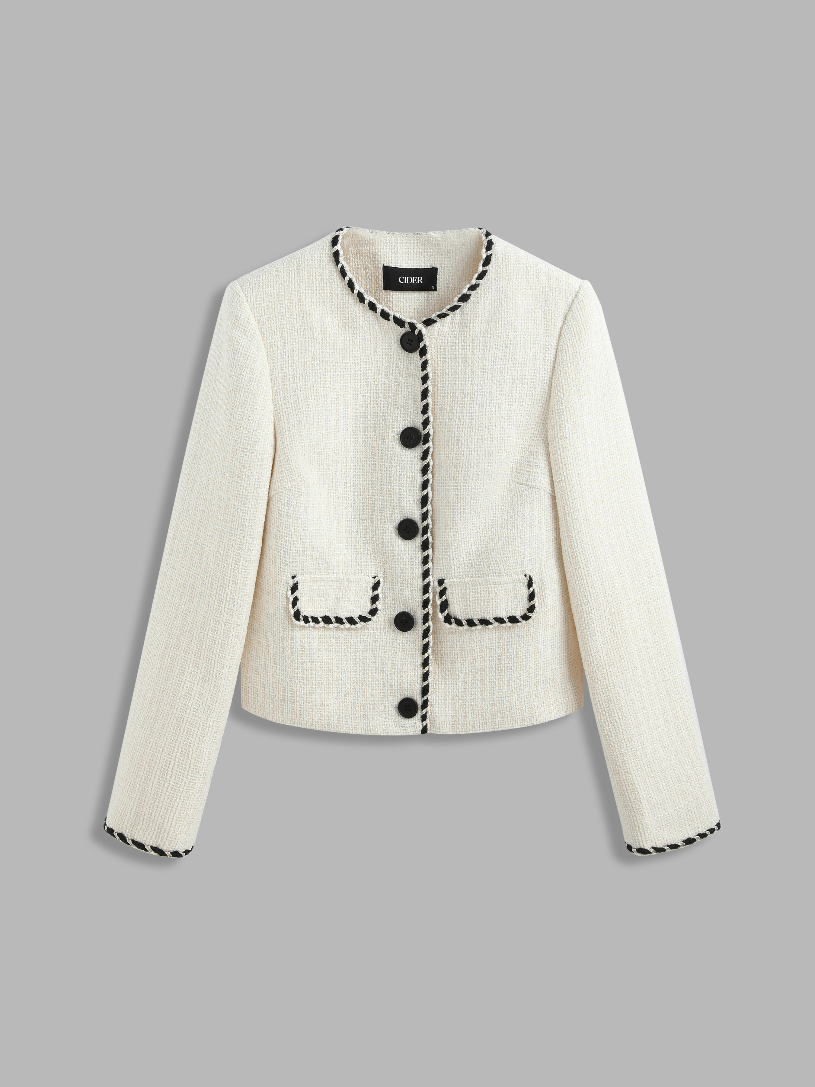 Round Neck Contrasting Binding Pocket Button Jacket For School Daily Casual