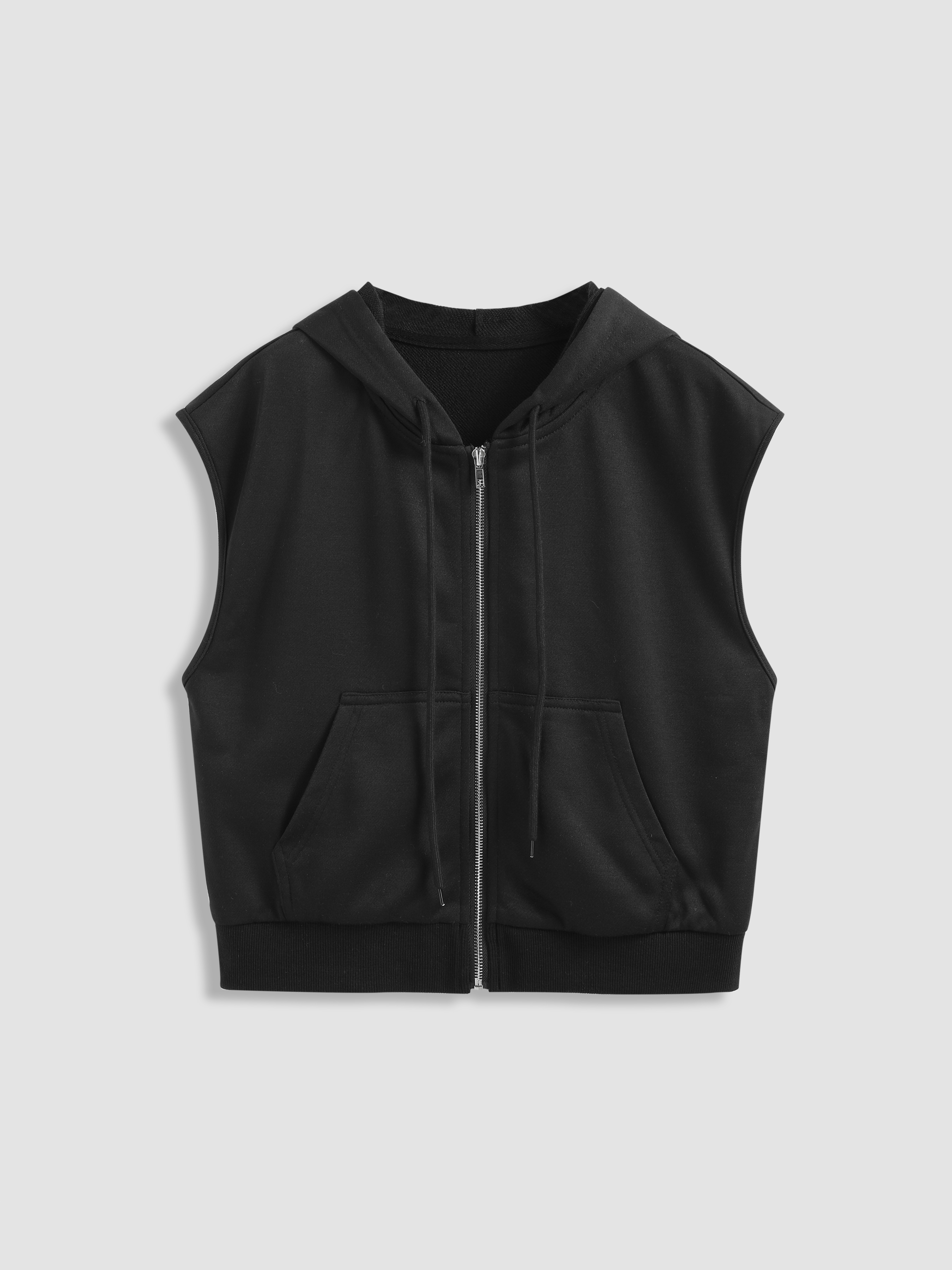 Knit Fabric Hooded Solid Zipper Jacket Vest For Daily Casual