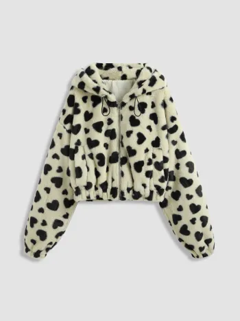  Fleece Kapuzen-Leopard Kordelzug Jacke