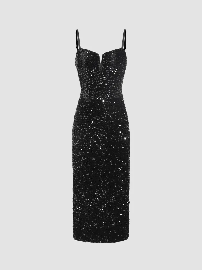 Sequins V-neck Midi Dress