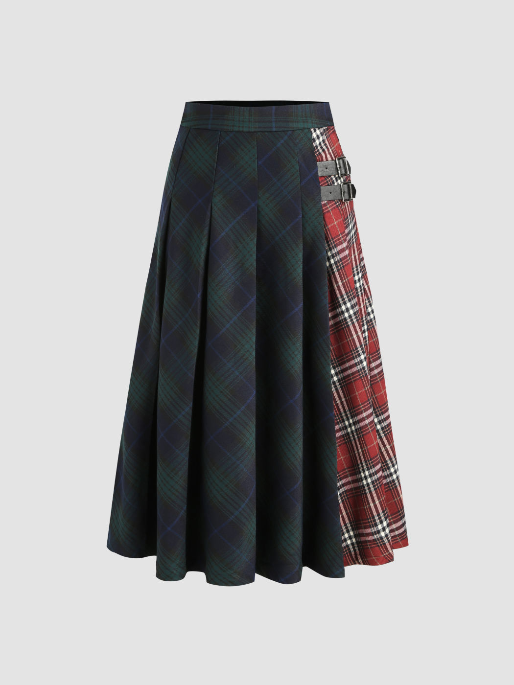 Mid Waist Patched Check Buckle Maxi Skirt