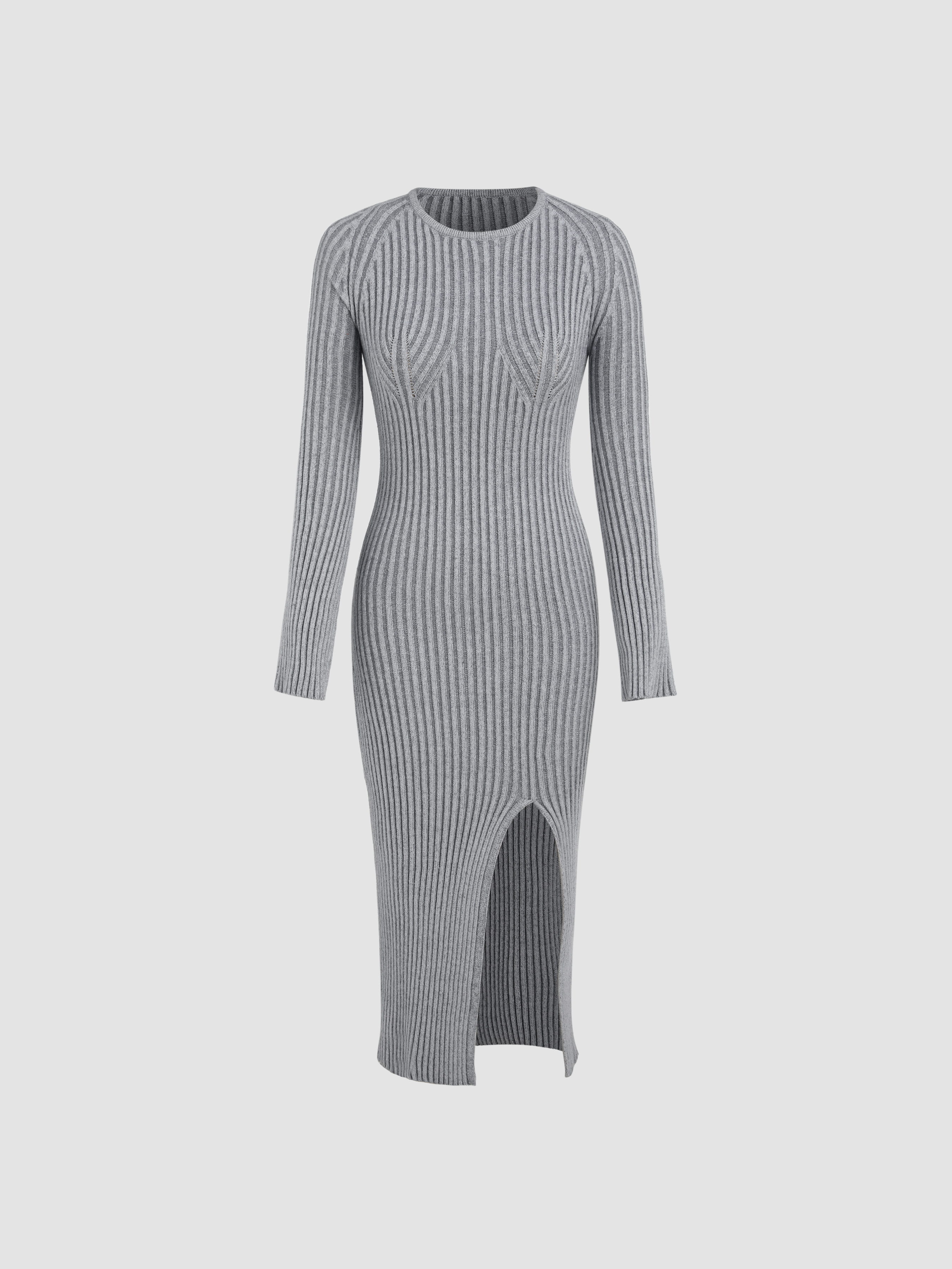 Knit Solid Round Neckline Split Midi Dress Cider