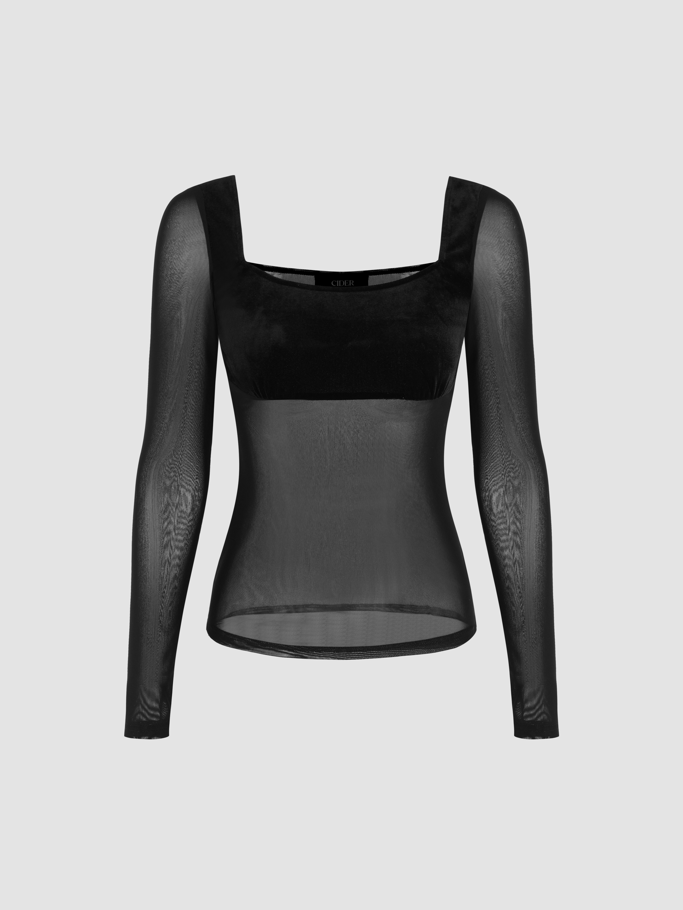 Uneckline Contrast Mesh Long Sleeve Blouse Cider