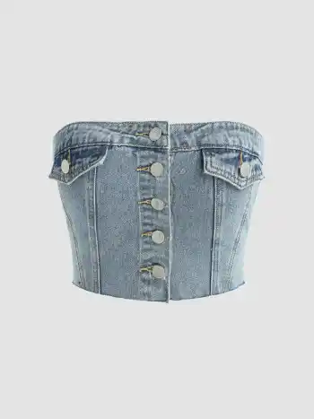 Top Tube Boutonné Froncé en Denim Stretch
