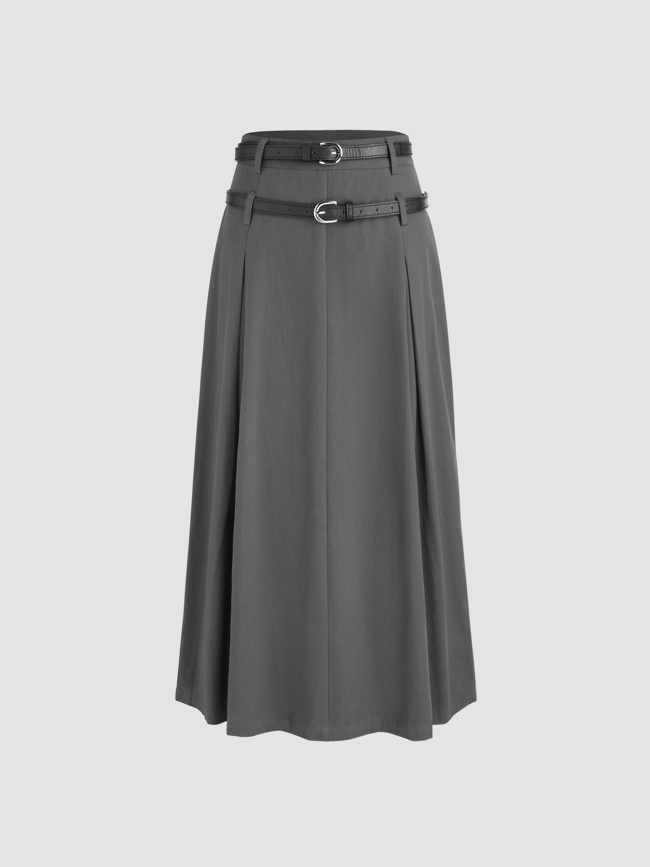 Preppy Woven Solid Mid Waist Pleated Maxi Skirt With Belt Preppy Woven Solid Mid Waist Pleated Maxi Skirt With Belt