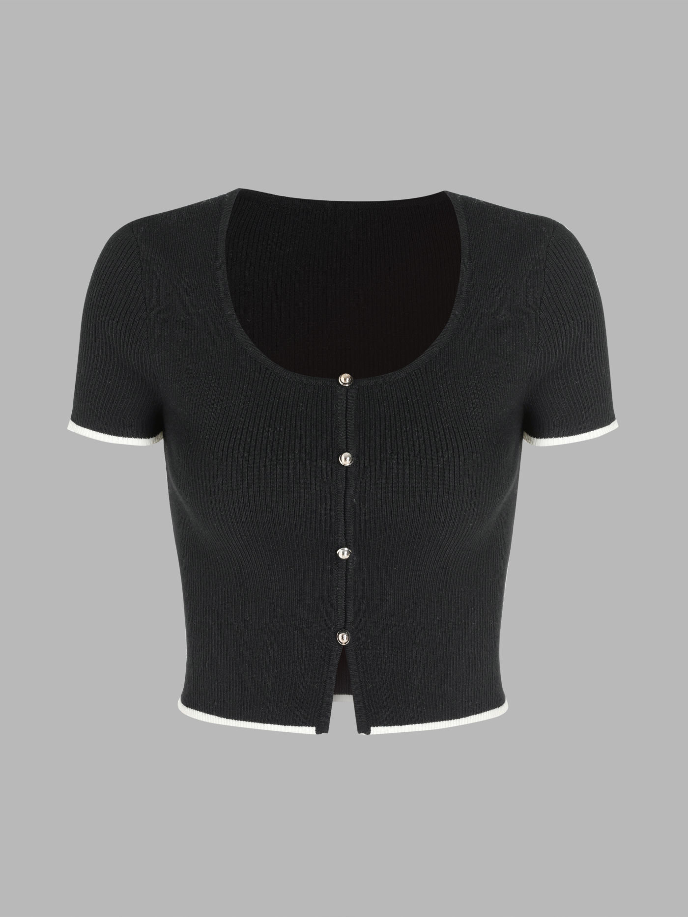 U-neck Contrasting Binding Knit Short Sleeve Top