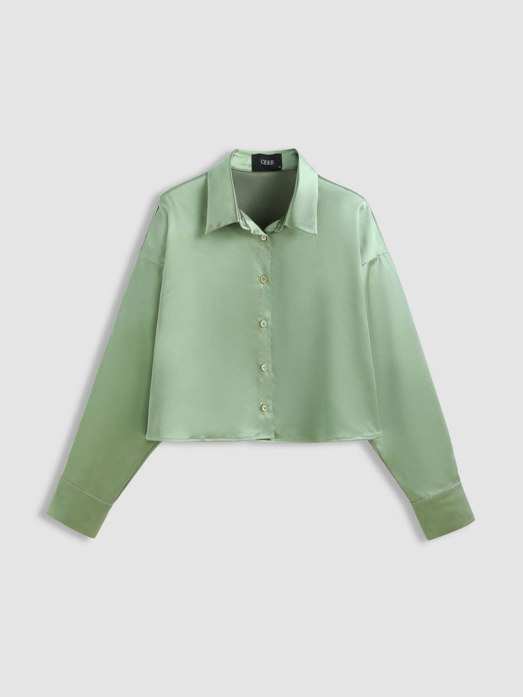 Satin Collar Solid Button Long Sleeve Crop Shirt