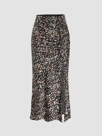 Spot Leopard Print Drawstring Split Maxi Skirt