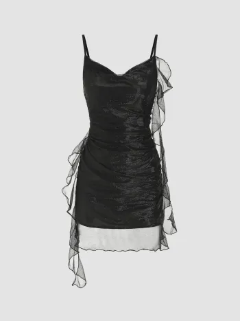 Cowl Neck Ruffle Hem Mini Dress