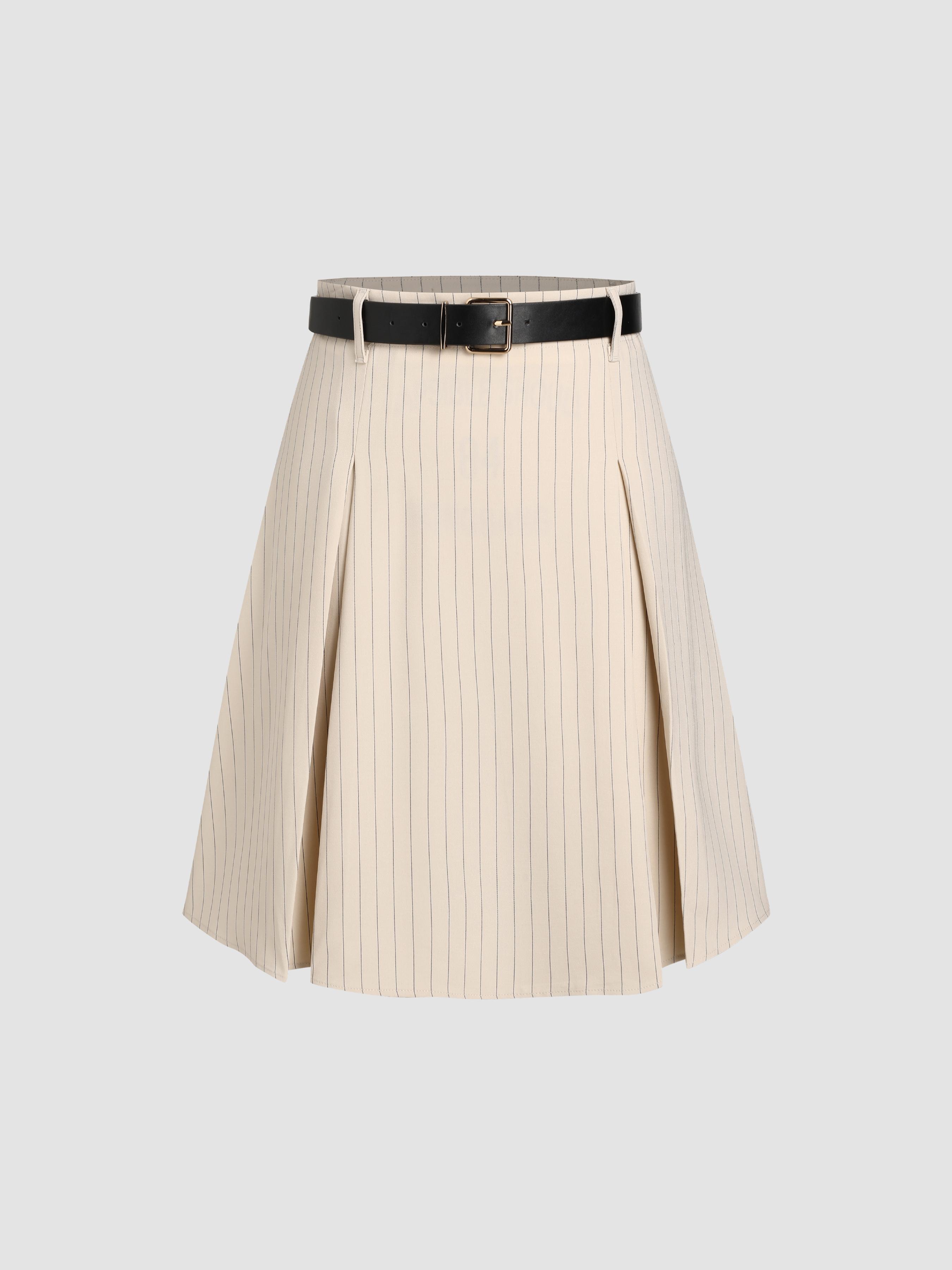 Woven Mid Waist Striped Pleated Mini Skirt With Belt