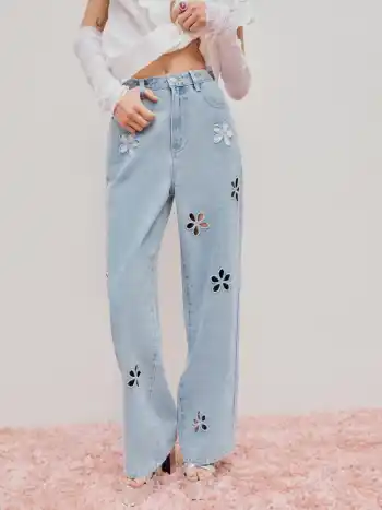 Denim Mid Waist Floral Pocket Wide Leg Jeans