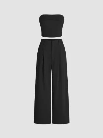 Einfarbiges Shirred Tube-Top & Hochbundhosen-Set
