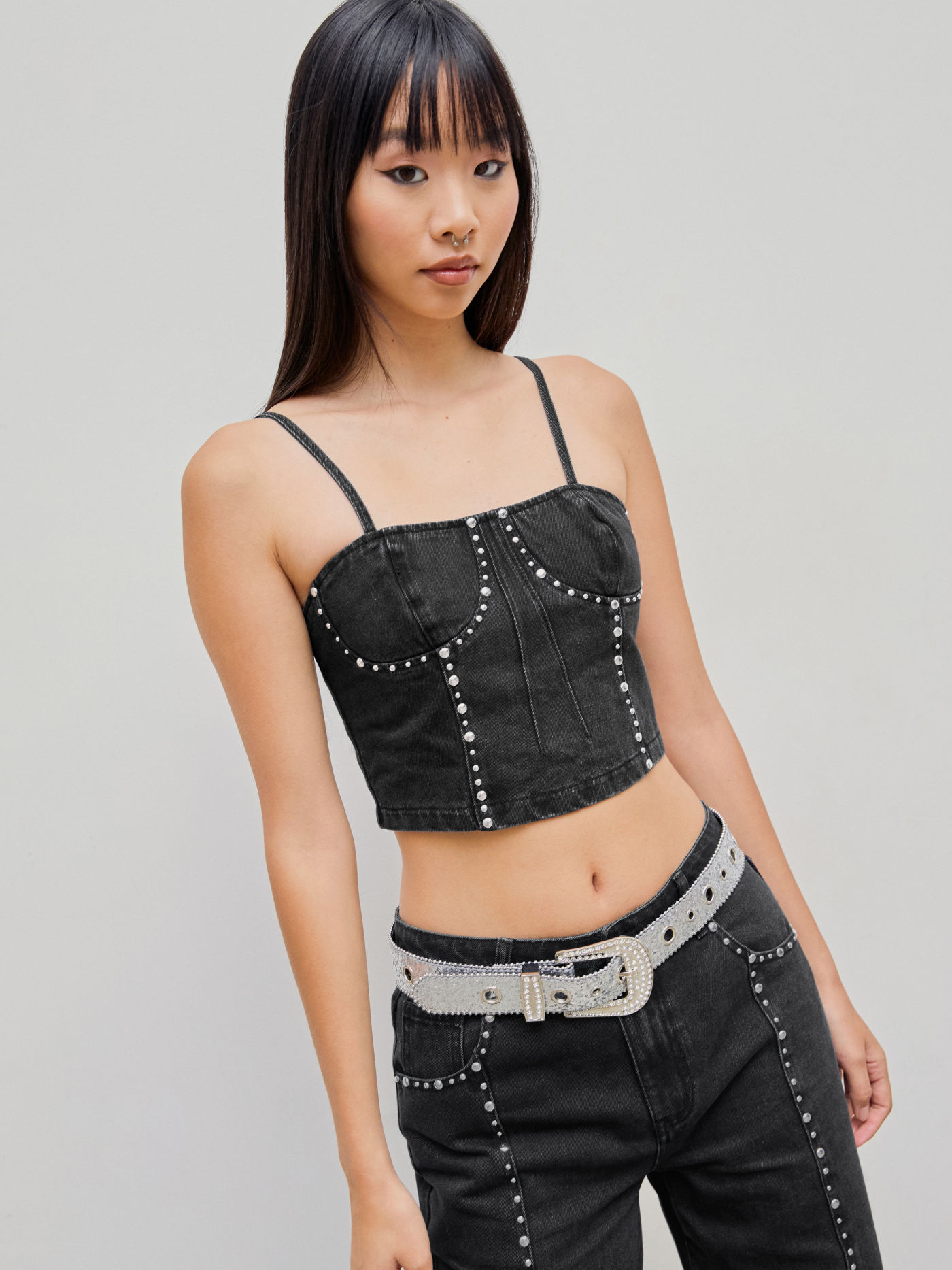 Solid Denim Square Neck Rhinestone Corset Crop Cami Top