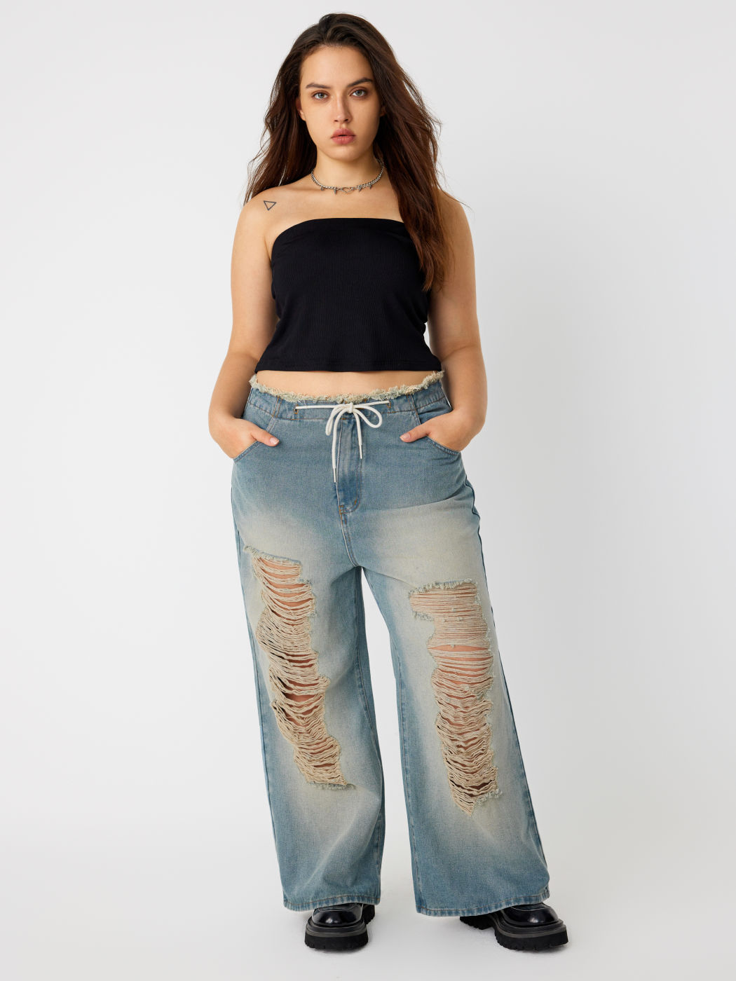 Solid Mid Waist Washed Ripped Straight Leg Jeans Curve & Plus