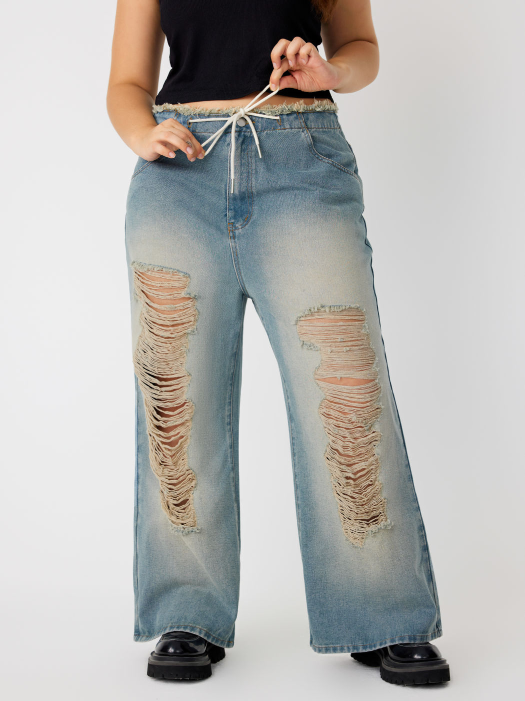 Solid Mid Waist Washed Ripped Straight Leg Jeans Curve & Plus