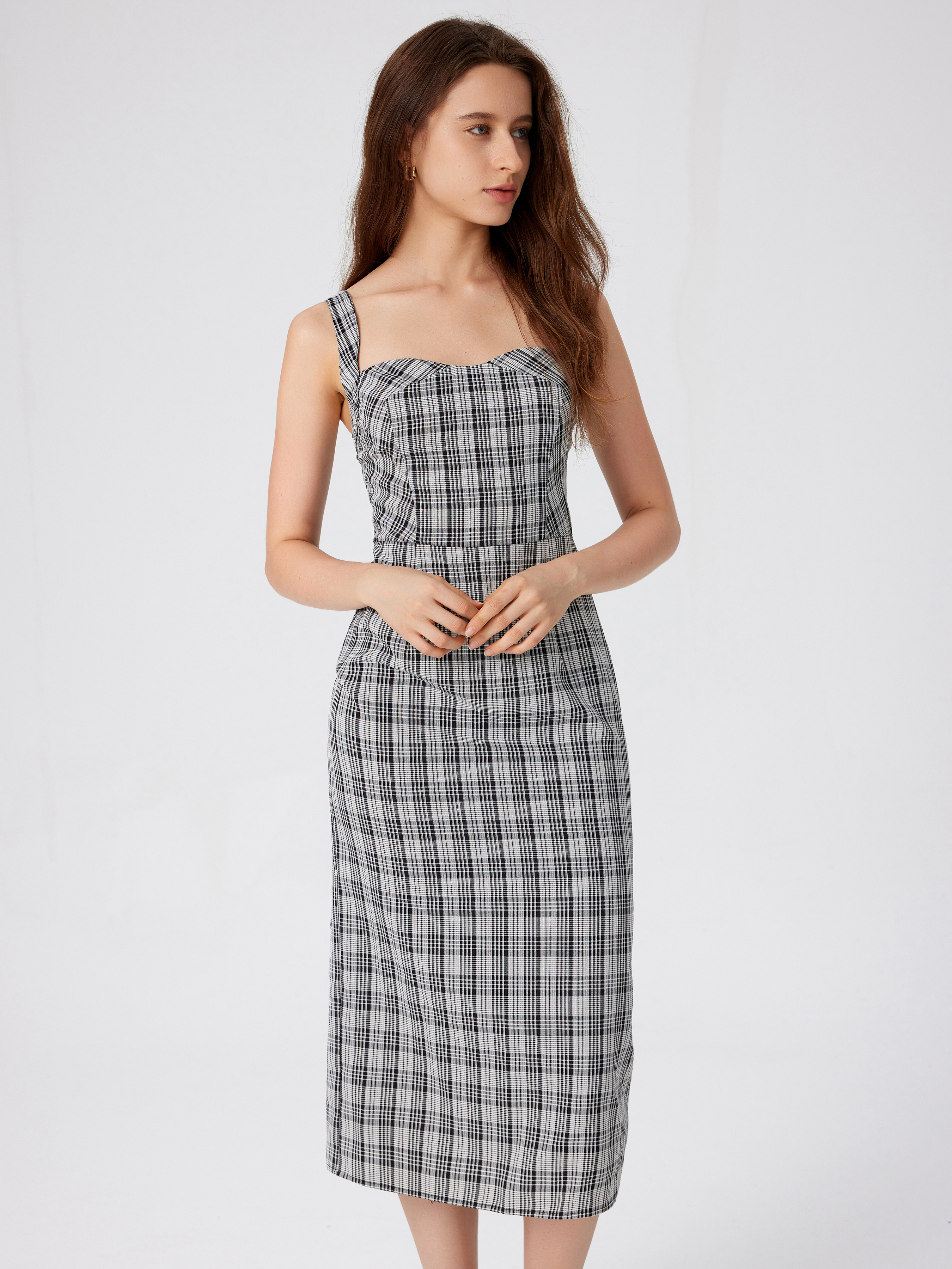 Woven Square Neck Check Split Cami Midi Dress For Holiday