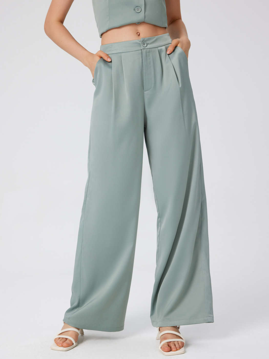 Solid High Waist Pleated Wide Leg Trousers - Cider