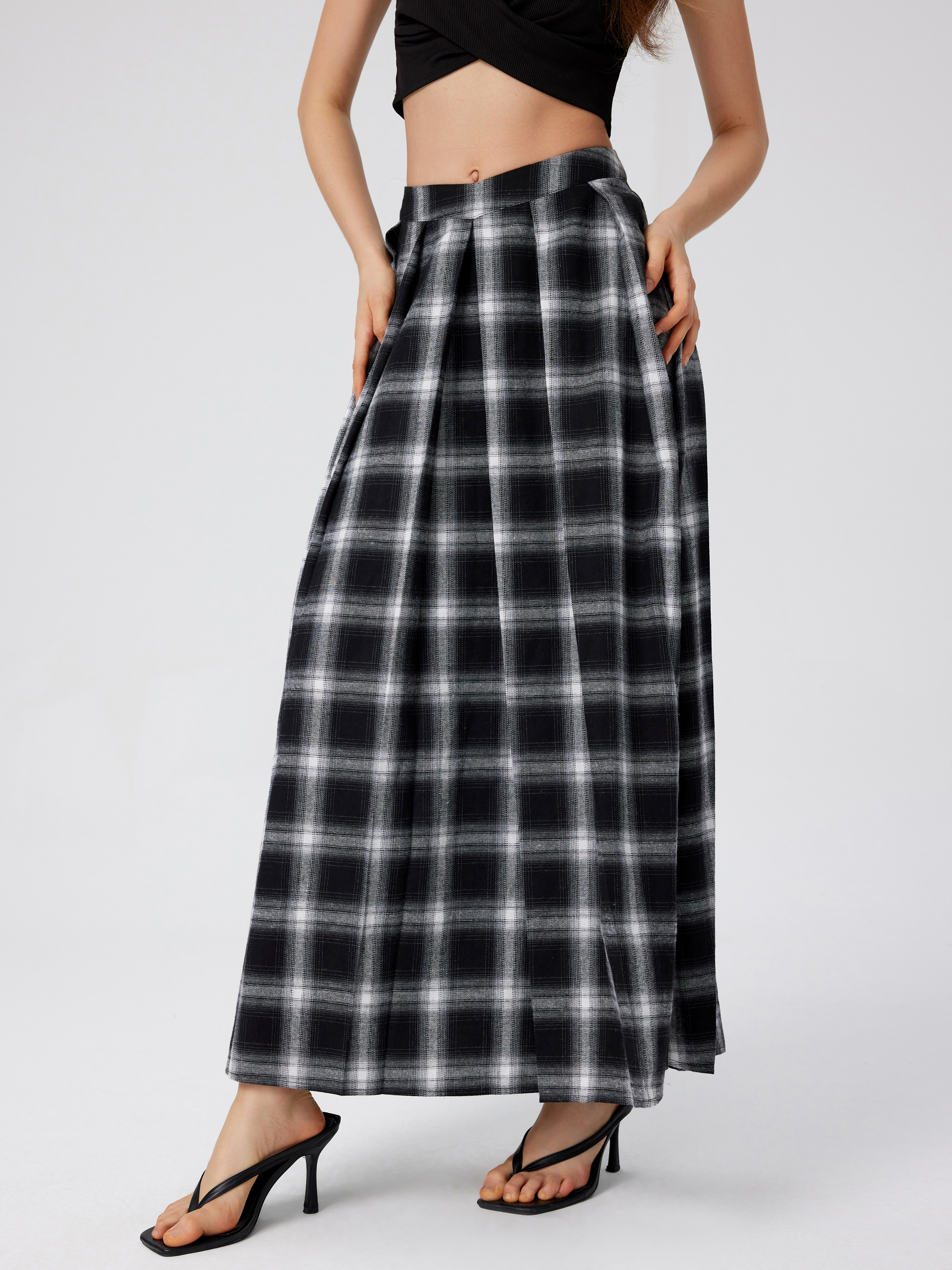 High Waist Check Pleated Maxi Skirt - Cider
