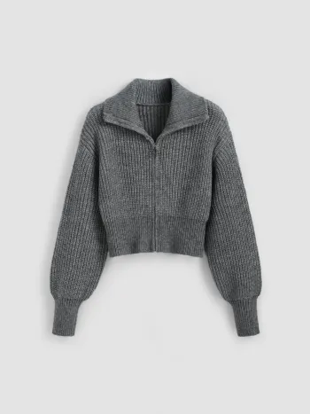 Einfarbiges Strick-Polo-Zipper-Kardigan
