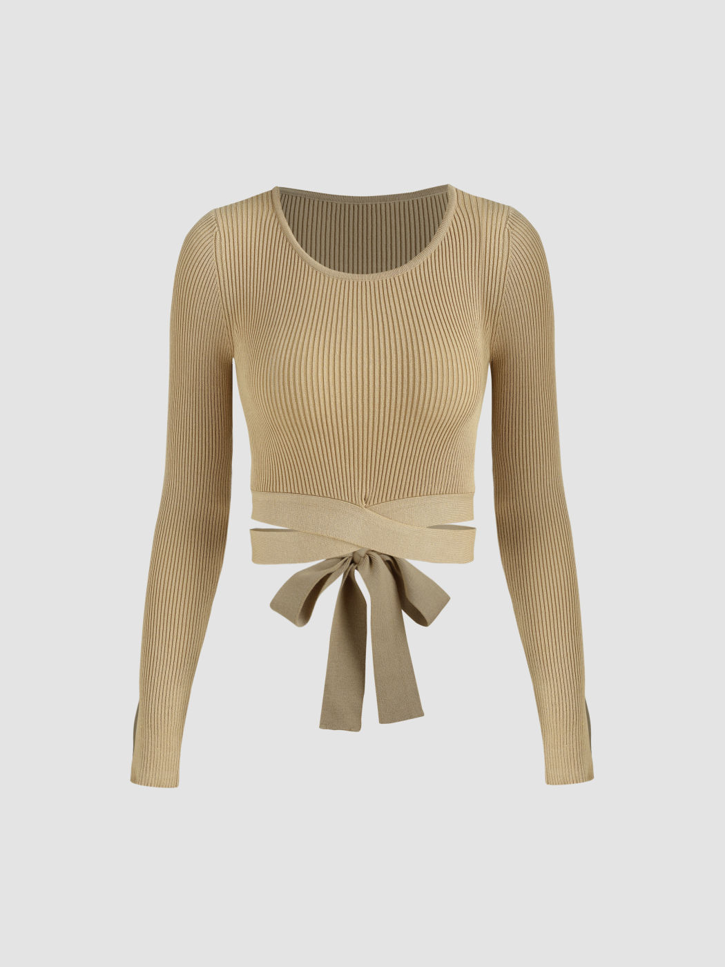 Knit Round Neckline Tie Back Crop Long Sleeve Top