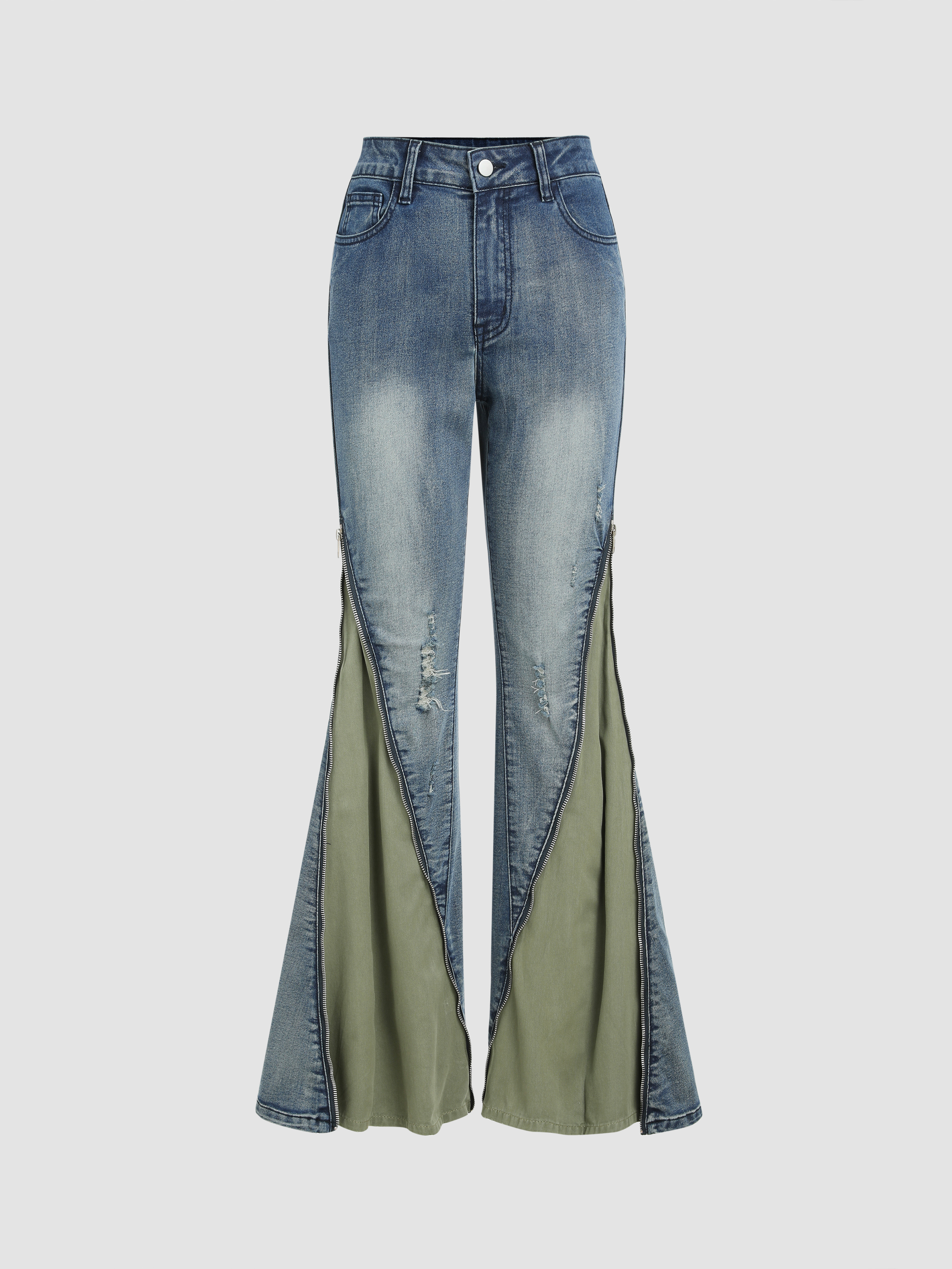 Denim High Waist Zipper Ripped Flared Jeans Cider