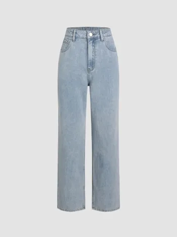 Solid High Rise Pocket Straight Leg Jeans