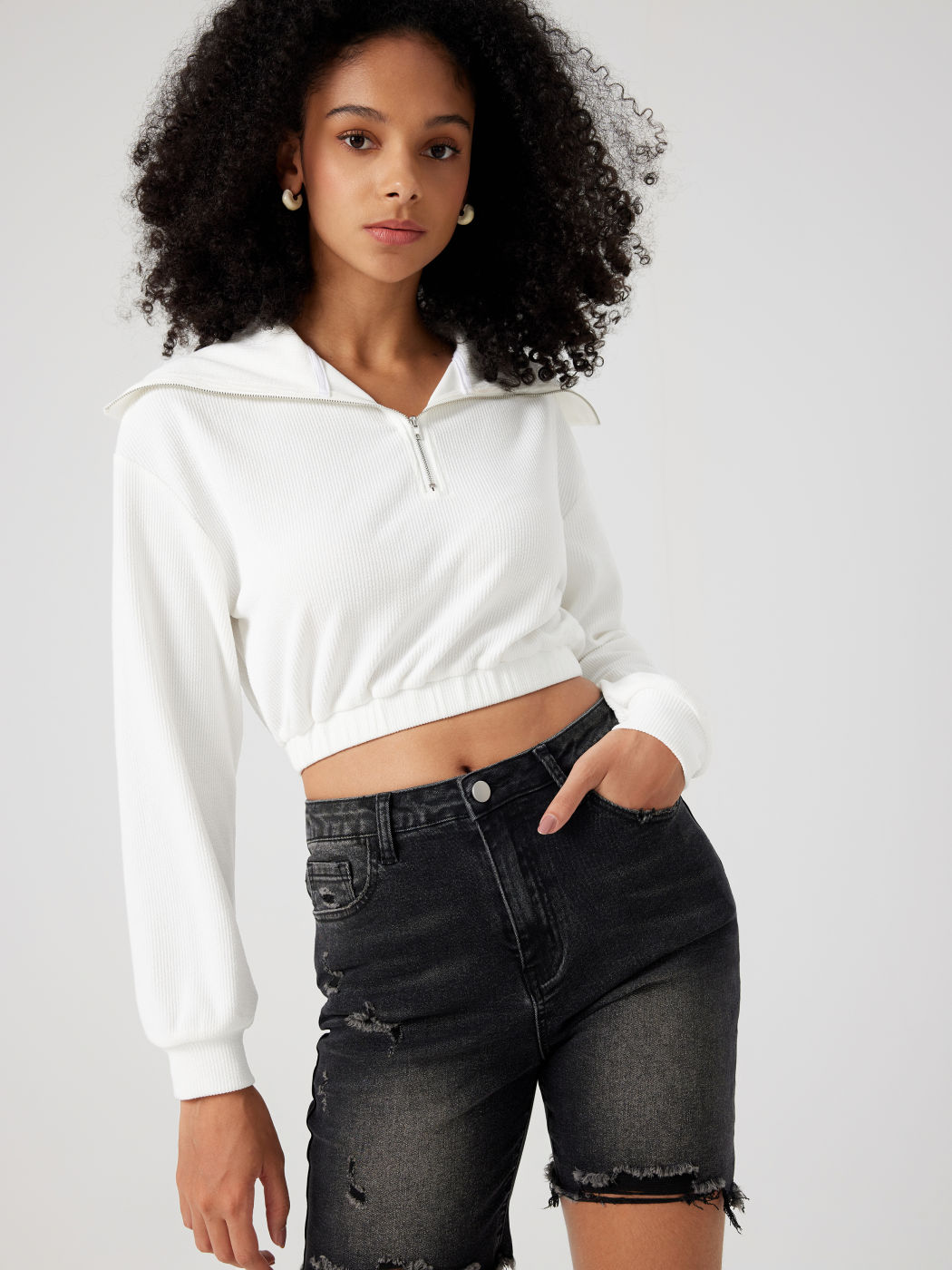Solids Pullover-Sweatshirt mit Strickkragen und Reißverschluss