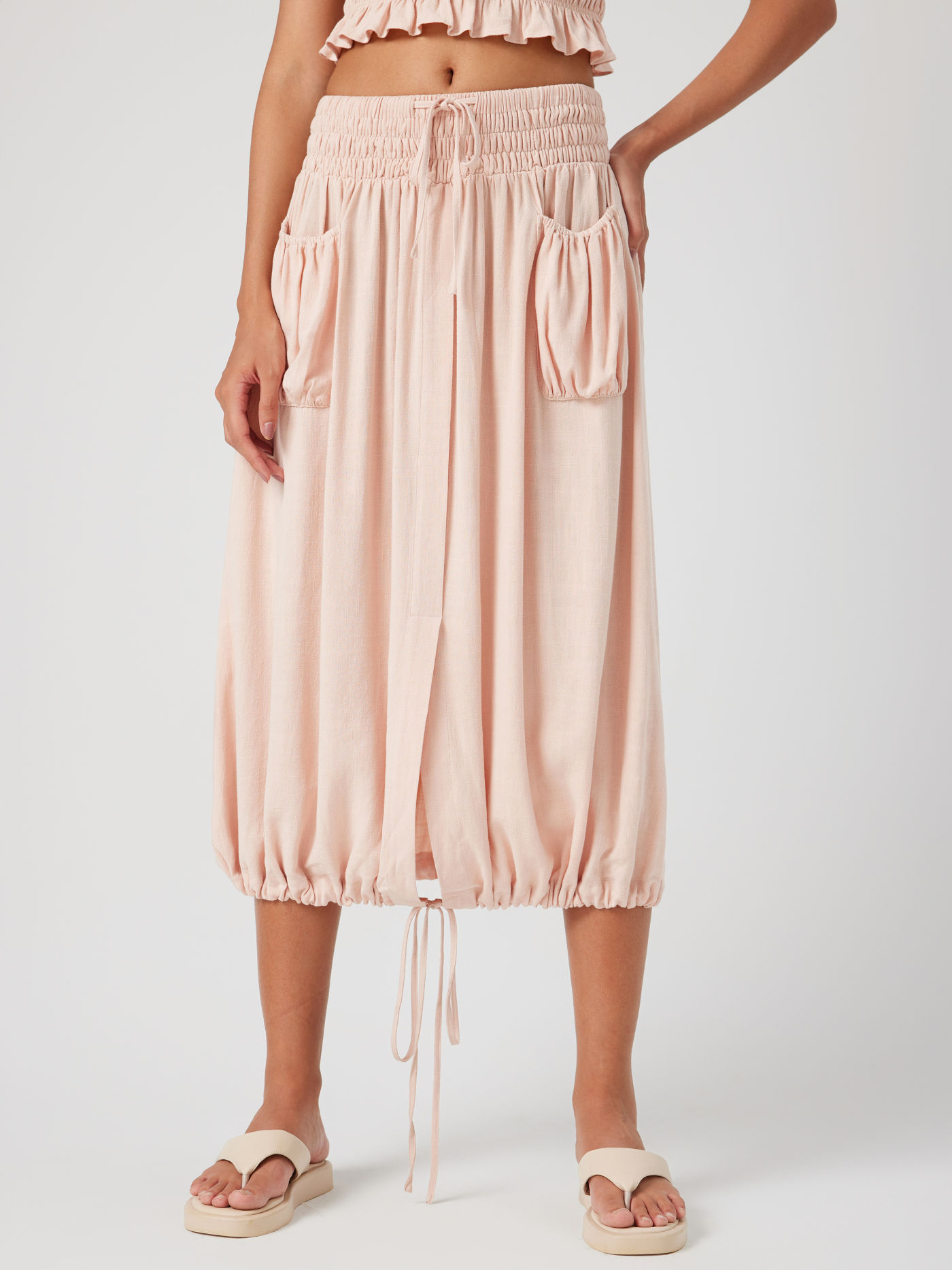 Solid Linen-blend Mid Waist Shirred Split Maxi Skirt