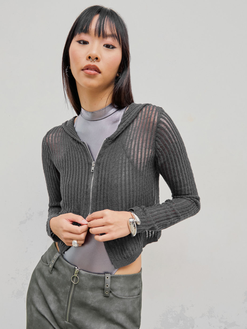 Solid Strickjacke mit Kapuze und Reißverschluss
