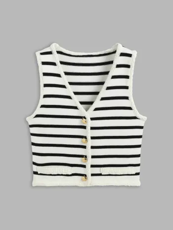 Knit V-neck Striped Button Crop Vest