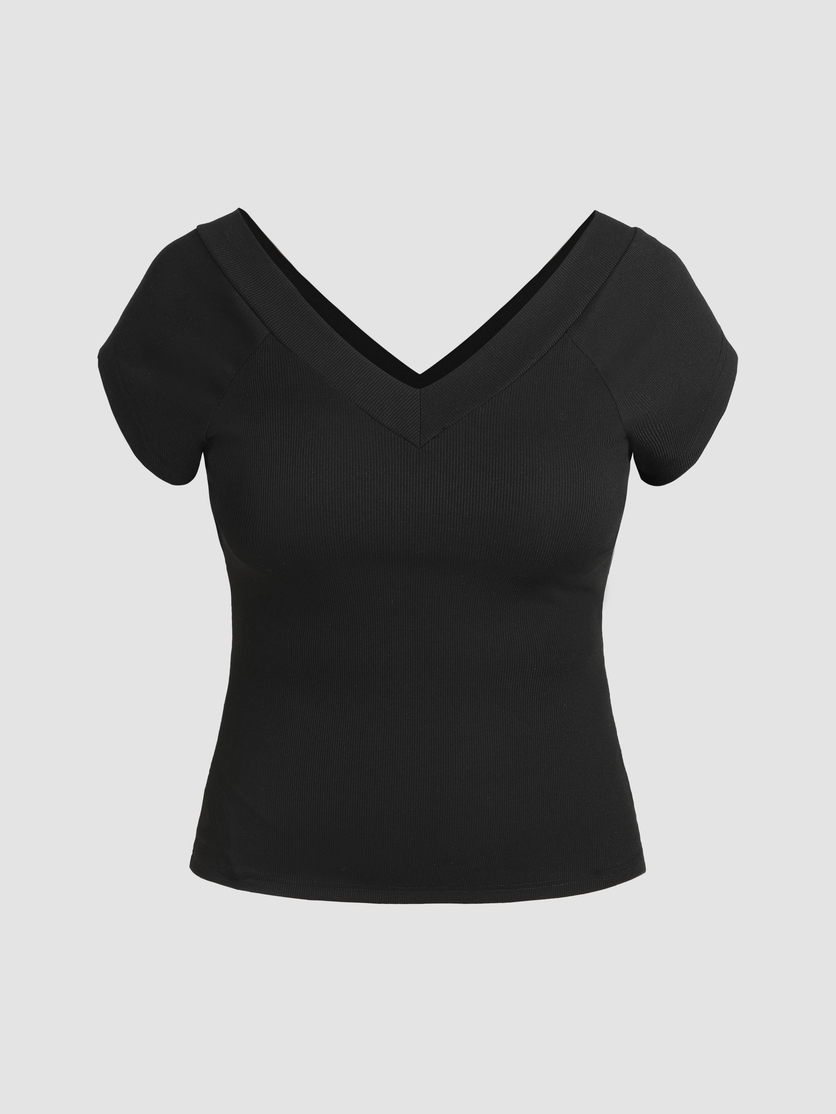 Knit Fabric Solid Knit Vneck Tank Top Curve & Plus For School Daily Casual