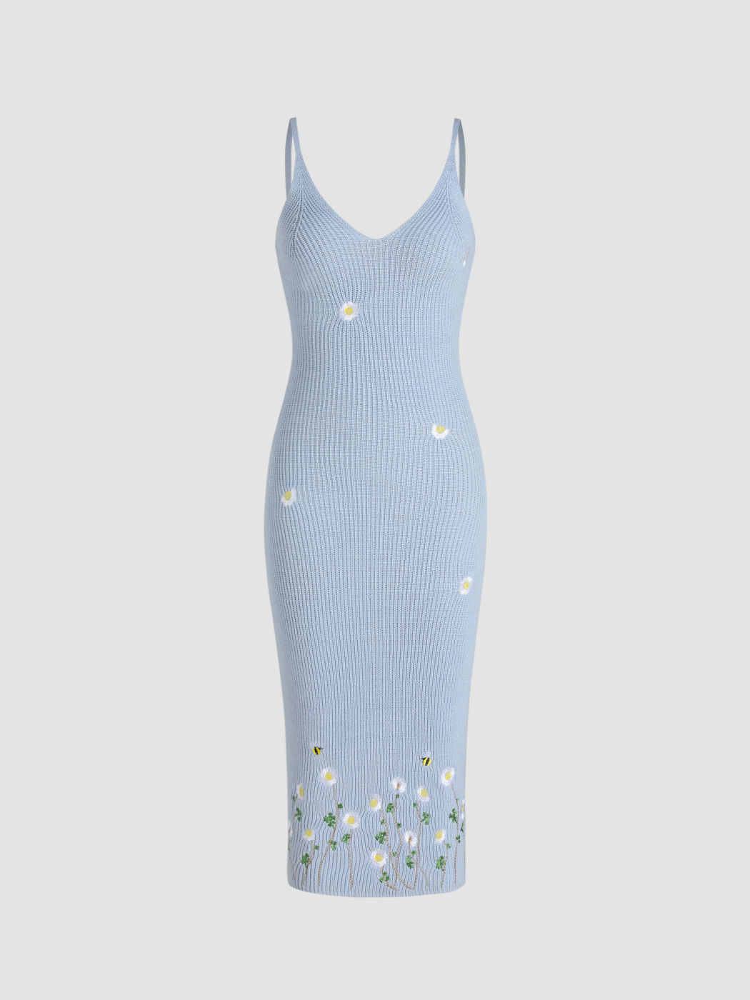 Knit V-neck Flower Graphic Embroidery Cami Midi Dress