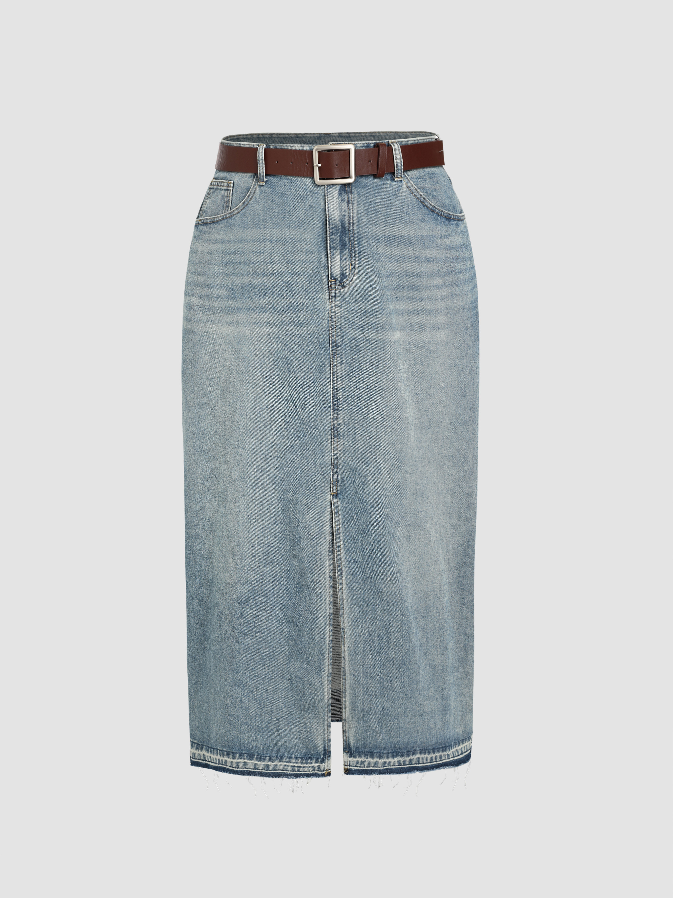 Curve & Plus Split Denim Maxi Skirt With Belt - Cider
