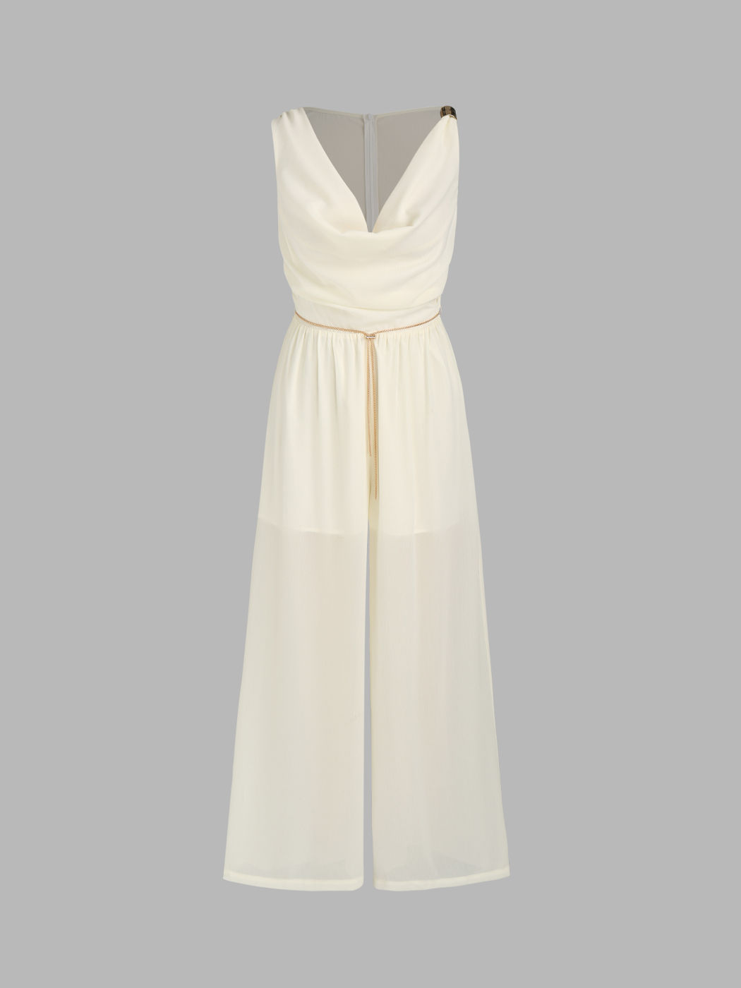 Chiffon-Jumpsuit mit Wasserfallausschnitt, gerafftem, weitem Bein und Gürtel