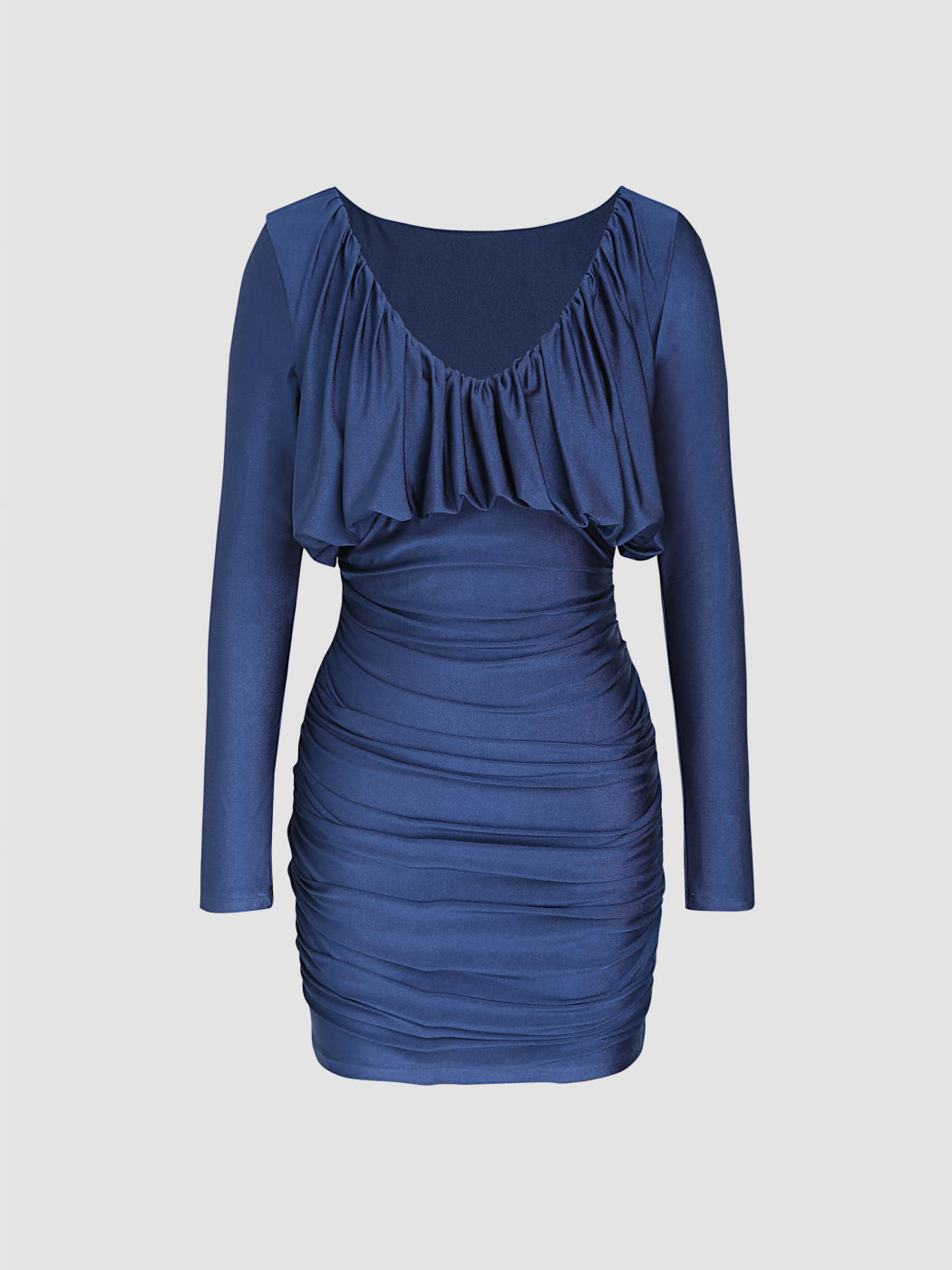 Solid V-neck Ruffle Ruched Mini Dress