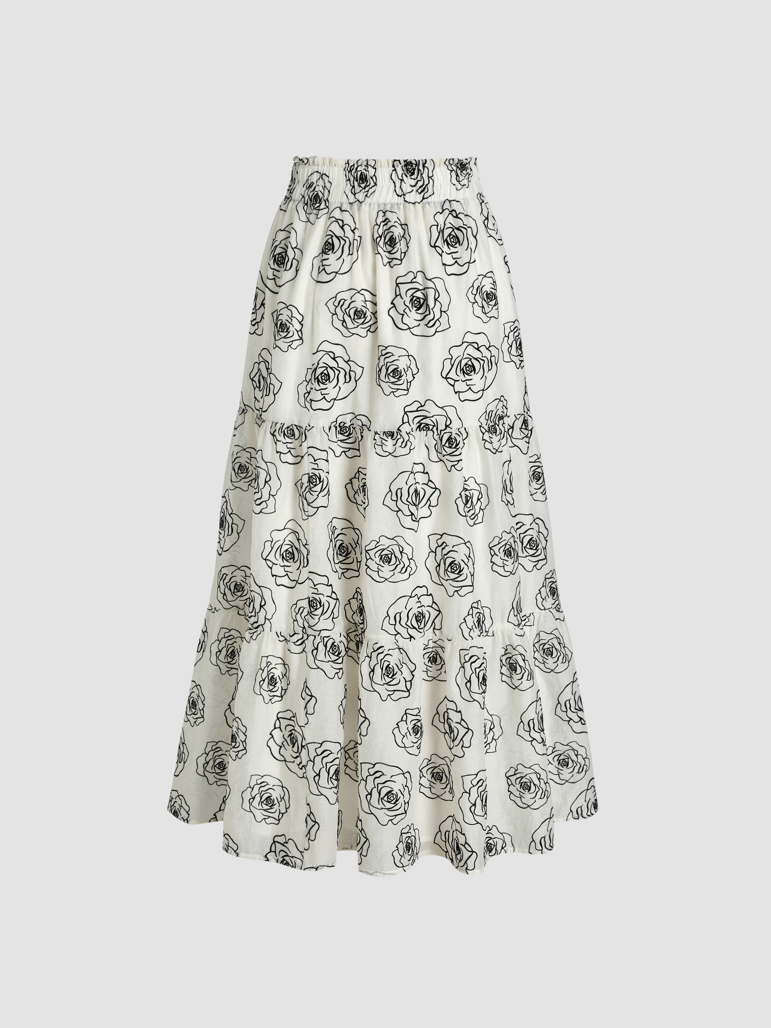 Floral Elastic Waist Ruffle Tiered Maxi Skirt Cider