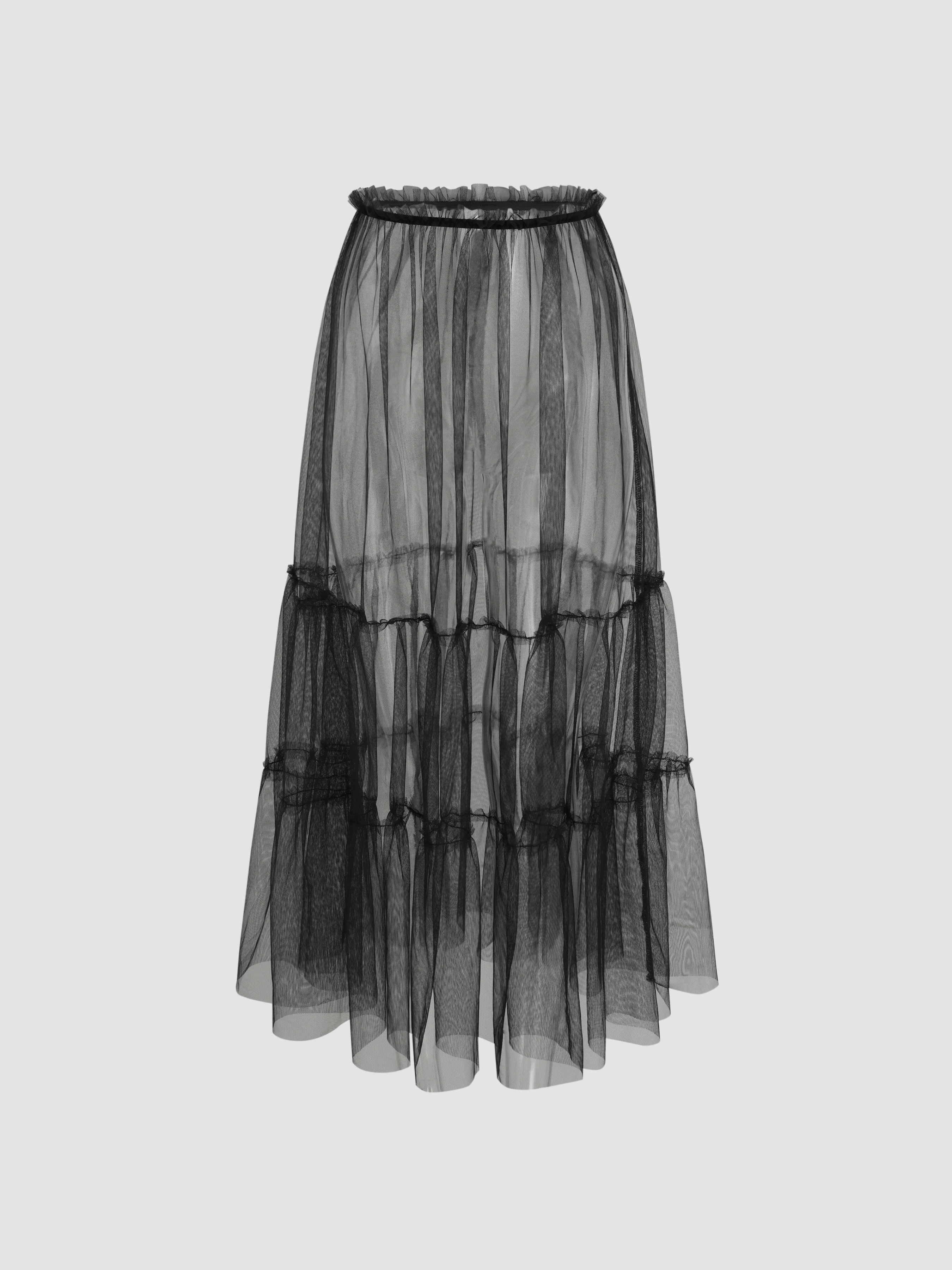 Mesh Tulle Mid Waist Solid Lettuce Trim Maxi Skirt For Date Music