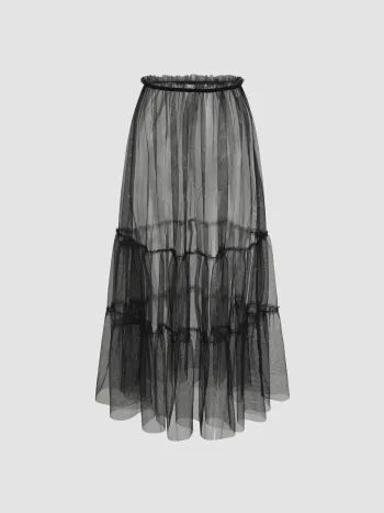 Tüll Mid Waist Solid Rüschen Maxirock