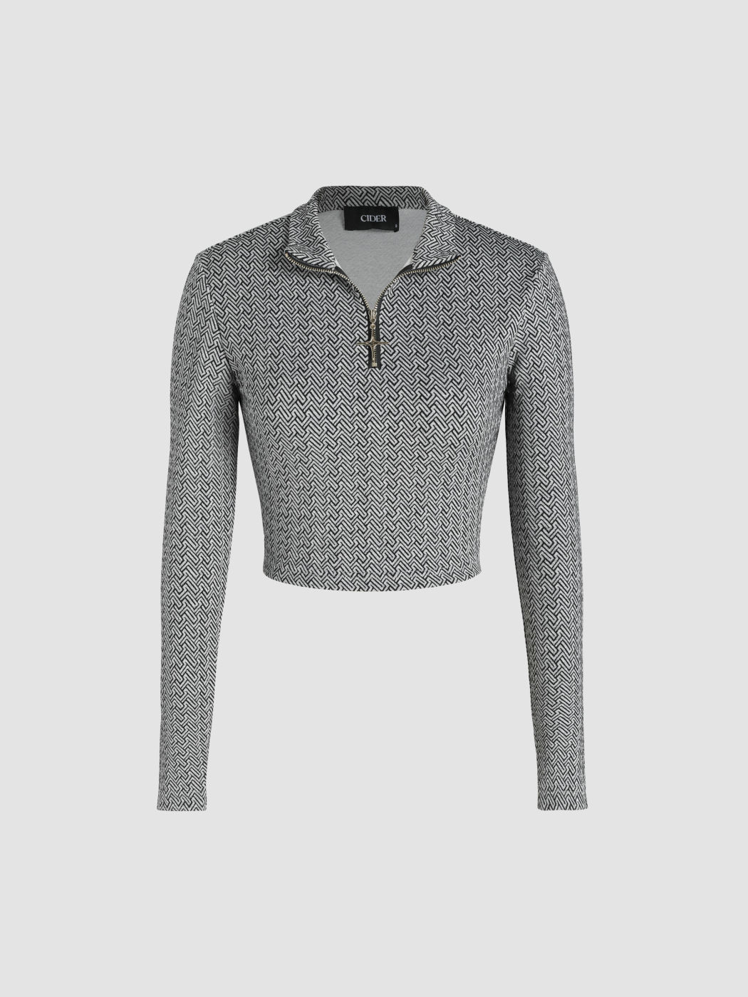 Jersey Collar Geometric Zipper Long Sleeve Crop Top