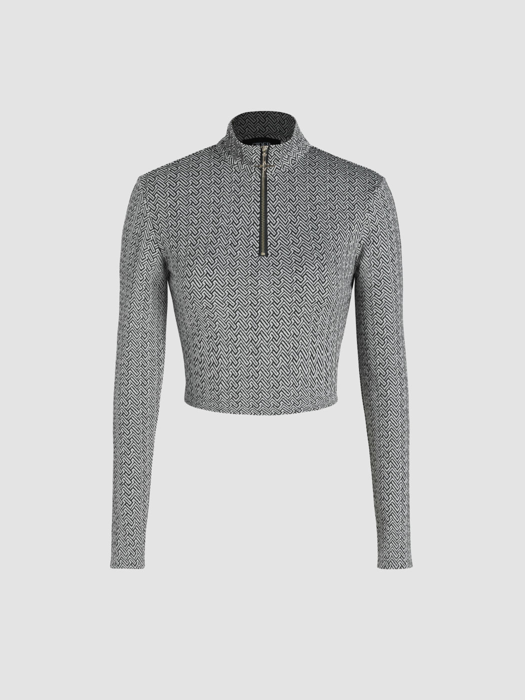 Jersey Collar Geometric Zipper Long Sleeve Crop Top