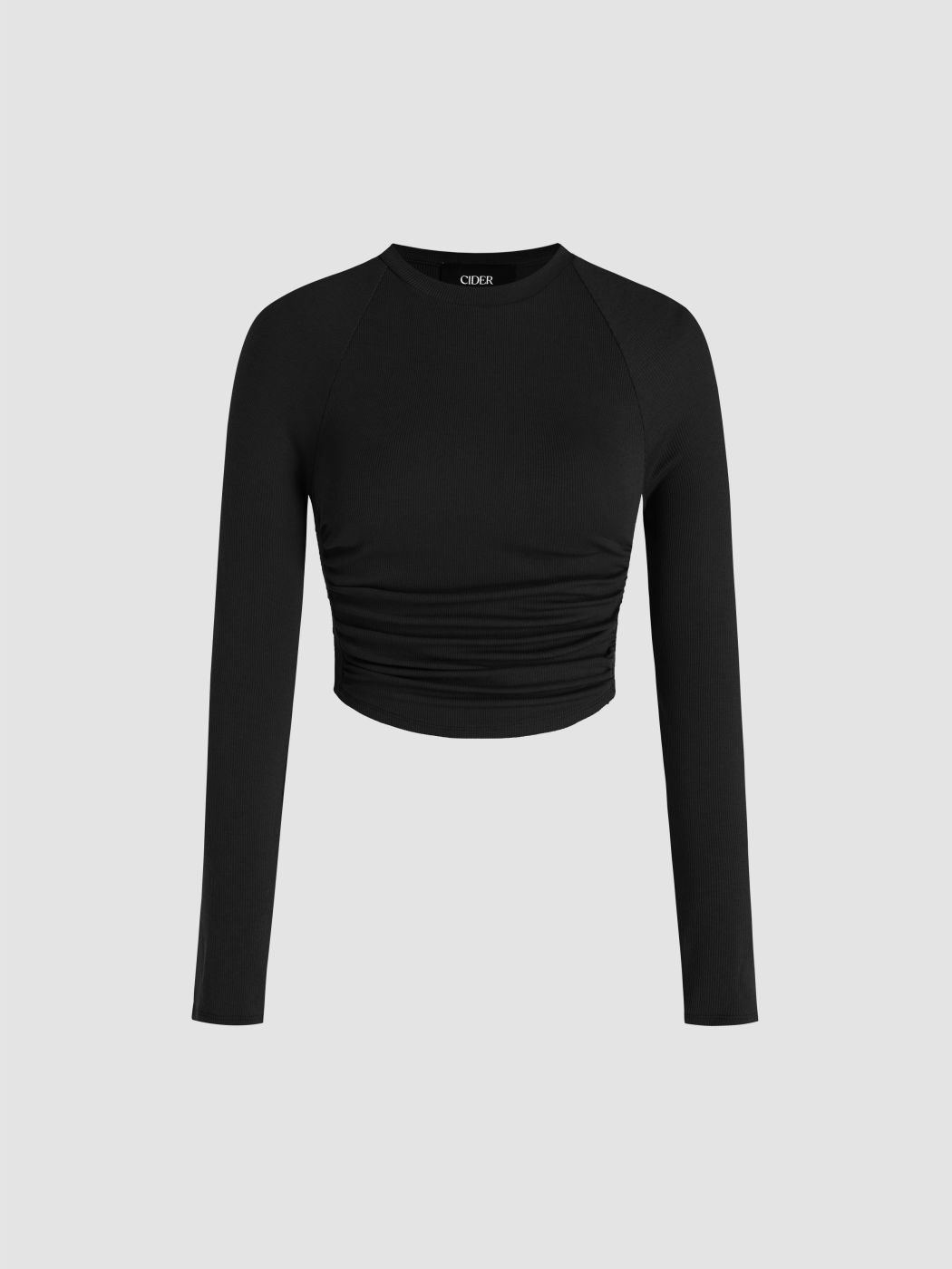Solid Jersey Round Neckline Ruched Long Sleeve Crop Tee