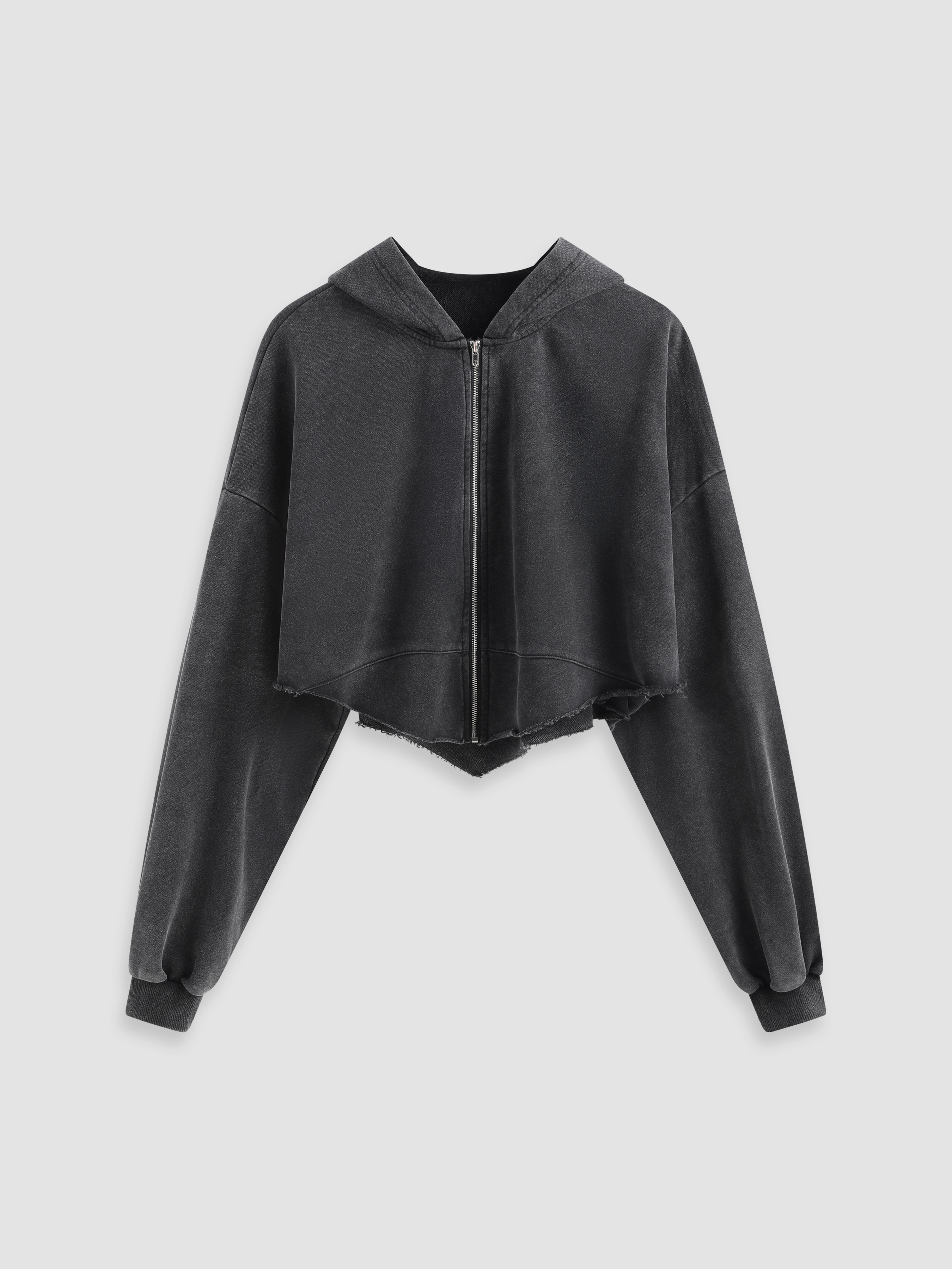 Solid Terry Hooded Asymmetrical Ripped Zipper Hoodie For Daily Casual